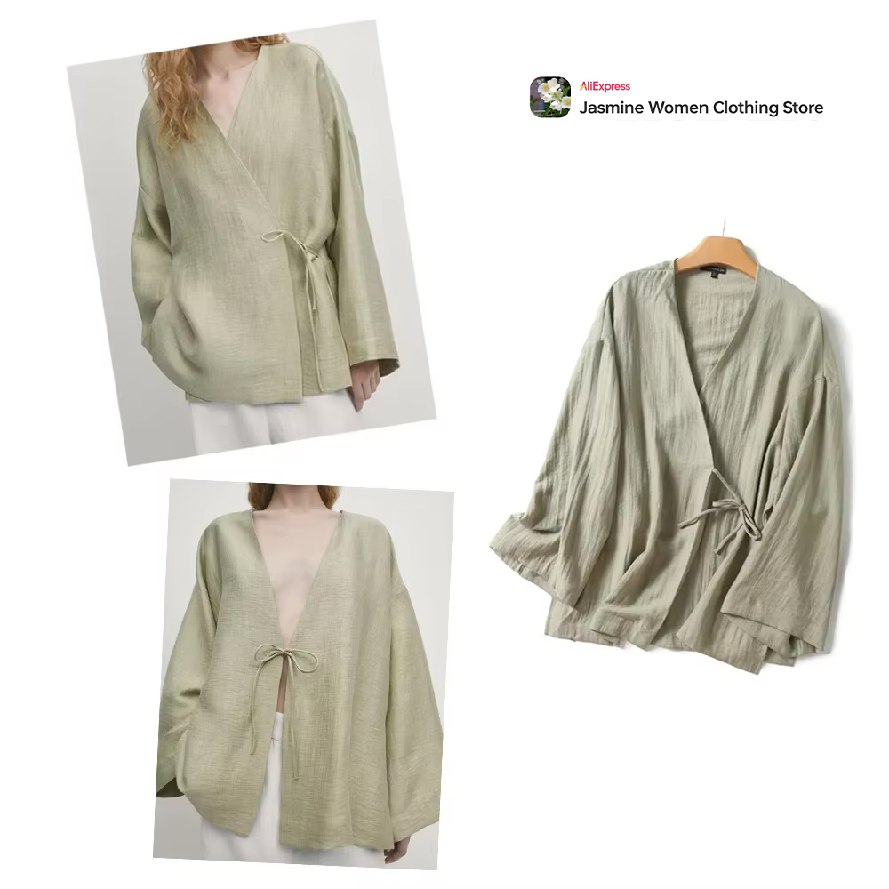 Kimono Cardigan Women - Bequeme Olivbluse mit Krawatten, lange tiefe
