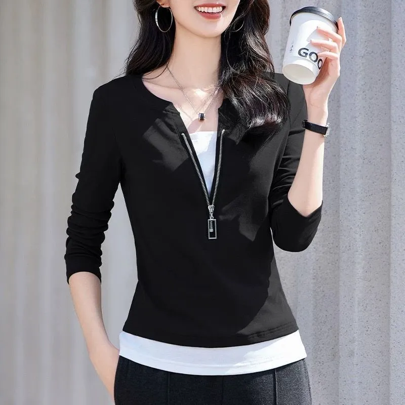 Women'S Fashion Quarter Zip - Damenmode V-Ausschnitt, Reißverschluss, lange Ärmel, gefälschte