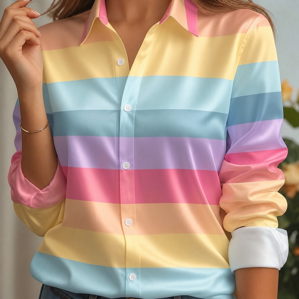 Women Fashion Images - Damen Satin-Hemdbluse mit Reverskragen, Pastellfarbenem Streifenmuster,