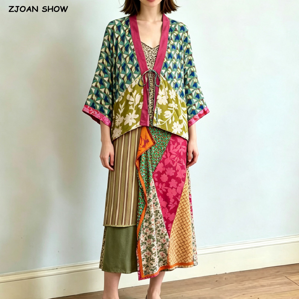 Kimono Cardigan Women - 2-teiliges Set Herbst Kontrastfarben Geometrischer Druck