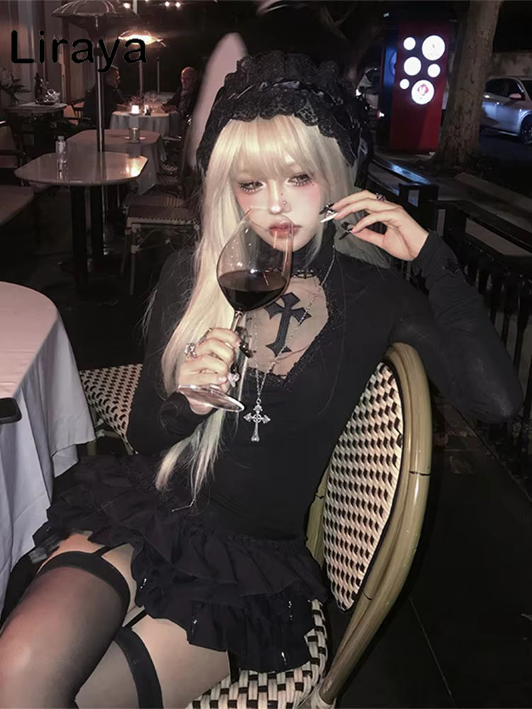 Women'S Fashion Tops - Rollkragen-Top Y2k Kleidung Schwarzes Gothic Kreuz