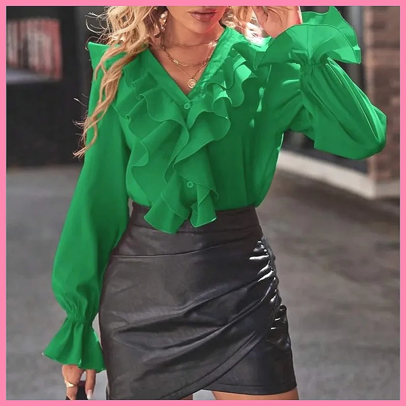 Women'S Fashion Tops - 2025 Modische V-Ausschnitt Bluse mit Rüschen