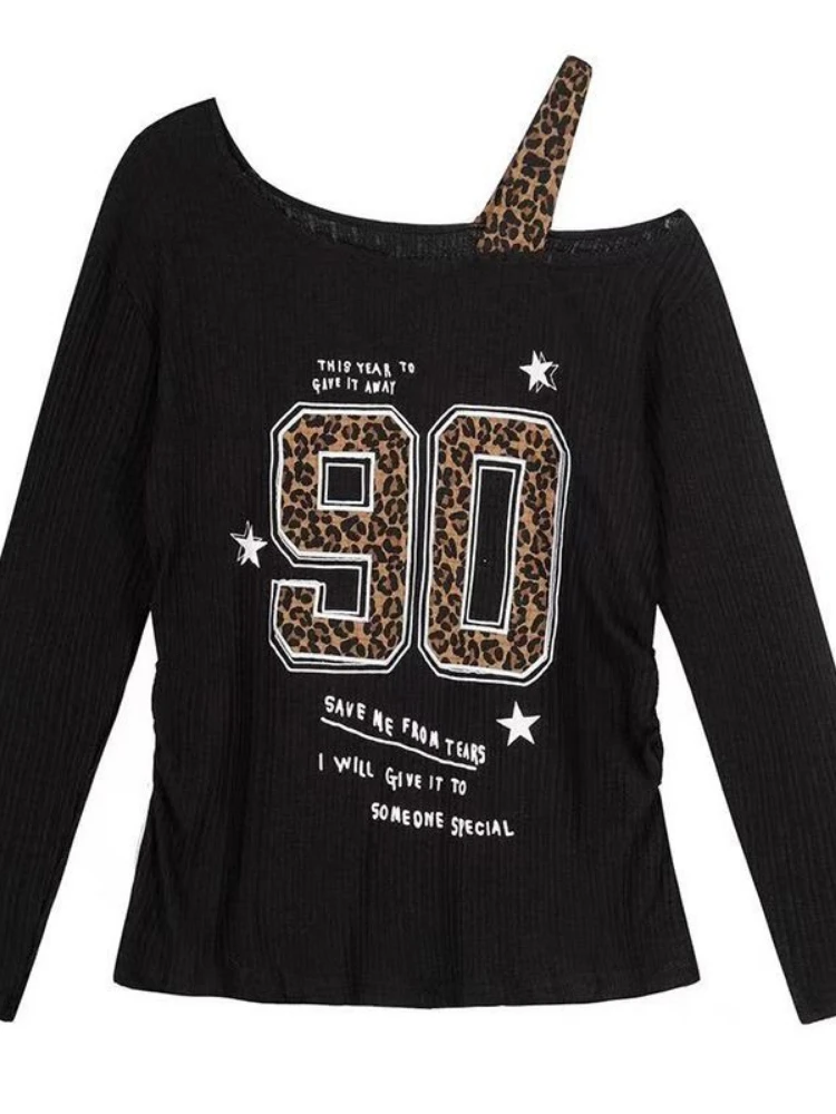 Women'S Fashion Tops - Y2K Patchwork Leopardenmuster T-Shirt Damen Locker