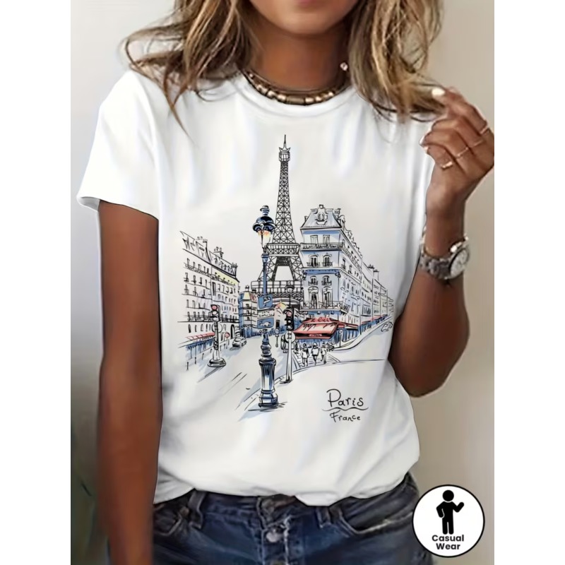 Women'S Fashion Paris - Paris Frankreich Eiffelturm-Skizzen-Grafik-T-Shirt, lässiges Kurzarm-T-Shirt für