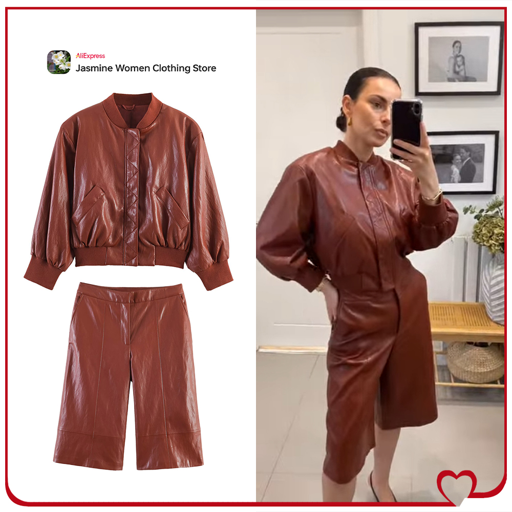 Women'S Fashion Quarter Zip - Modische Damen-Kurzsets aus Kunstleder: Ziegelrote Kunstleder-Bomberjacke