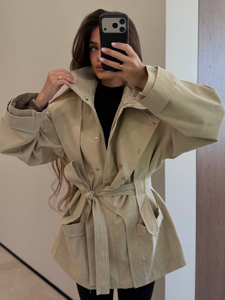 Women'S Fashion Utility Belt - Damen Kurzer Trenchcoat mit Gürtel, Stehkragen,